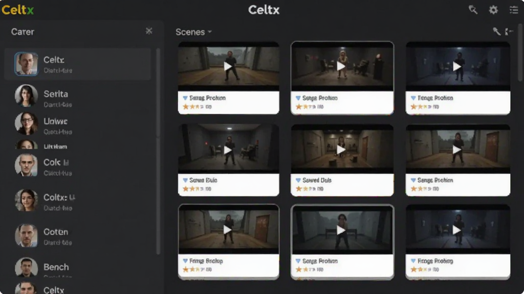 Celtx��ɫ�볡���������ʾ��ͼ����������г���ɫ�б����Ҳ�չʾ������Ƭ�������д���