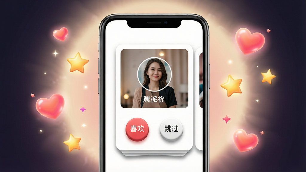 һ��չʾ�����ɶ�����ƥ������Ȥ�Ƽ����ܵ�ͼƬ������������һ���ֻ���Ļ����ʾ�ſ�Ƭʽ�������棬��Ƭ����һλ�û���ͷ����ǳƣ���Ƭ�·��С�ϲ�����͡�����������Բ�ΰ�ť������Ϊ�ֻ���Ļ���У���Χɢ���ż��ŷ���İ��ĺ����ǡ����Ϊʱ���罻Ӧ�ý���չʾͼ��ϸ�ڰ�����Ƭ����ӰЧ������ť������кͱ�������͹��Ρ������������޶���Ԫ�ء�