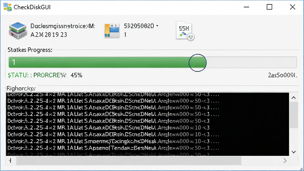 CheckDiskGUI ִ��ɨ������ʱ�Ľ��Ƚ��棬�������������д��ڣ�����Ϊ�Ϸ��̷���Ϣ���м��������ٷֱȡ��·�������־���Ű���գ����Ϊ�������߷��ϸ�ڰ�����������״̬���֡���־�У����������ɾ��޶���Ԫ��