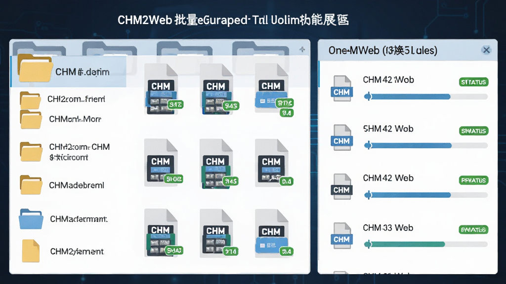 CHM2Web ����ת������չʾͼ�������Ƕ�� CHM �ļ�ͼ�����У�����Ϊ�ļ����б���ת�����У��Ű�Ϊ���ҷ��������Ϊ��ƽ���Ƽ��У�ϸ�ڰ����ļ�����ת��״̬��ǩ�ͽ������������������ɾ����޶���Ԫ��