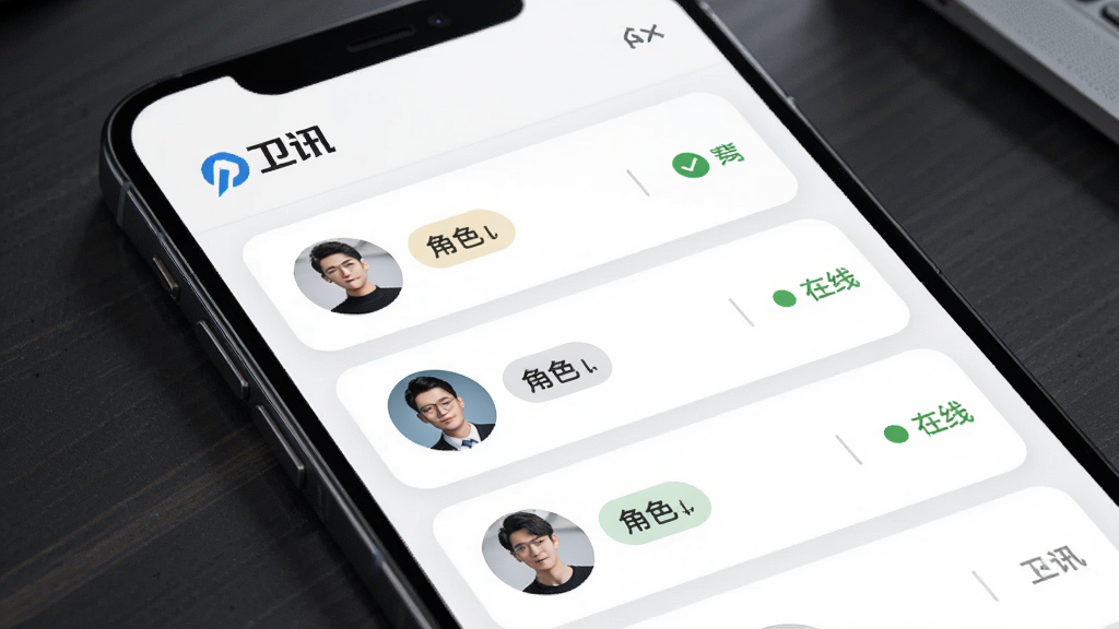 ����Ϊ�ֻ�����չʾ��Ա�����б����б������û�ͷ�񡢽�ɫ��ǩ������״̬Բ�㣬�����С���Ѷ����ʶ������Ϊ��ֱ�б��Ű棬���Ϊ�������磬ϸ�ڰ���Ȩ��ͼ�ꡢ�ָ��ߡ�Բ�ǿ�Ƭ�������������ɾ����޶���Ԫ��