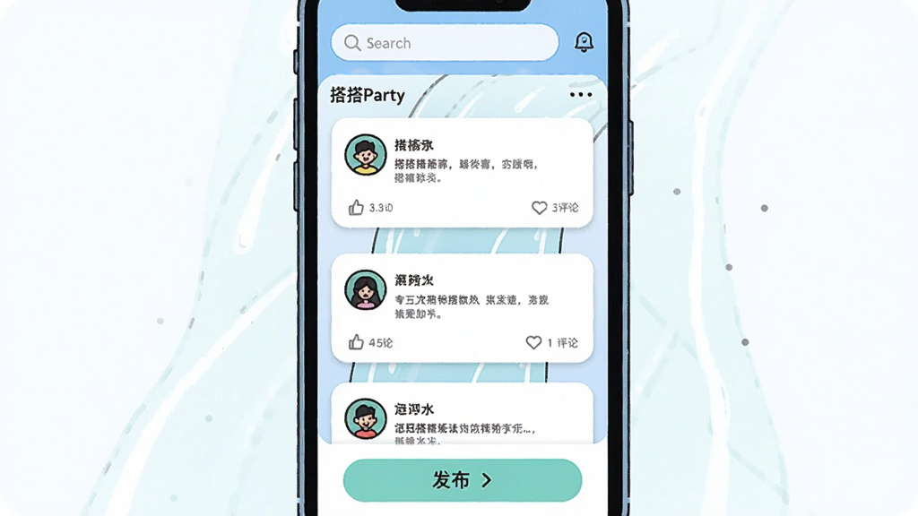 һ��չʾ�����Party����̬�㳡����Ĳ廭�������������ֻ���Ļ����ʾ�ٲ�����̬��Ƭ��ÿ�ſ�Ƭ�����û�ͷ���������ݺ͵�������ͼ�꣬����Ϊ���¹���ʽ��ͼ�����Ϊ���¼�Լ�廭��ϸ�ڰ����������������͵ײ��ķ�����ť�����������ɾ����޶���Ԫ��