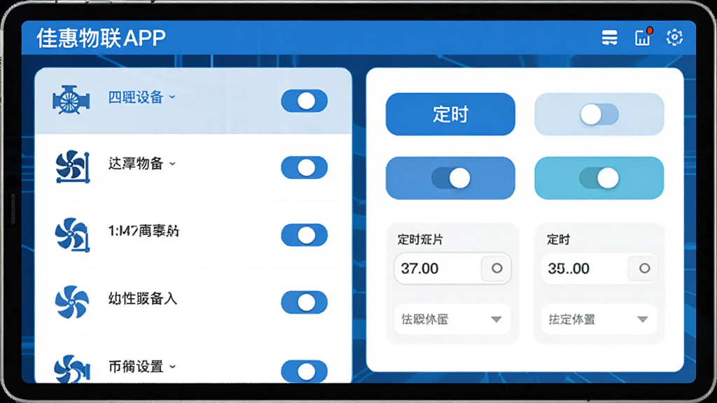 ����Ϊ�ѻ�����APPԶ�̿��ƽ��棬����Ϊ����豸�б��Ҳ������壬�Ű����������Ϊ�Ƽ�������ƽ����ƣ�ϸ�ڰ���ˮ�÷��ͼ�ꡢ���ذ�ť����ʱ����ѡ����ʸ���ɾ��޶���Ԫ��