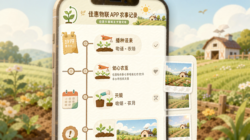 ����Ϊ�ѻ�����APPũ�¼�¼ҳ�棬����Ϊʱ������ʽչʾ����ũ�»���Ű��������У����Ϊ��ů��԰��廭��ϸ�ڰ�������ʩ��ͼ�ꡢ������ǩ����Ƭ����ͼ�����ʸ���ɾ��޶���Ԫ��