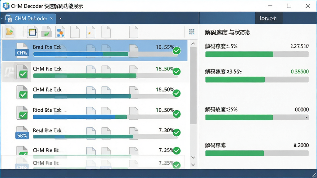 CHM Decoder���ٽ��빦��չʾ������Ϊ���������ж��CHM�ļ���ͬʱѡ�в���ʾ���������������Ϊ���ҷ��������Ϊ�ļ��б����Ҳ�Ϊ�����ٶ���״ָ̬ʾ�����Ϊ��ƽ���Ƽ�����ƣ�ϸ�ڰ����������ϵİٷֱ����֡��ļ�ͼ���Ե���ɫ��ɹ�ѡ��ǡ����ʸ��壬�ɾ����޶���Ԫ��