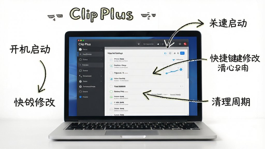 һ��չʾClip Plusʹ�ü��ɵ�ͼƬ����������һ̨�ʼǱ�������Ļ����Ļ����ʾ��Clip Plus�����ý��棬�Ա����ֻ���ļ�ͷ�����ֱ�ע��ָ��������������ݼ��޸ġ��������ڵȹؼ�ѡ����Ϊ�̳�ͼ�⣬ϸ�ڰ�����ע���ֺͽ���Ԫ�أ������������ɾ����޶���Ԫ��