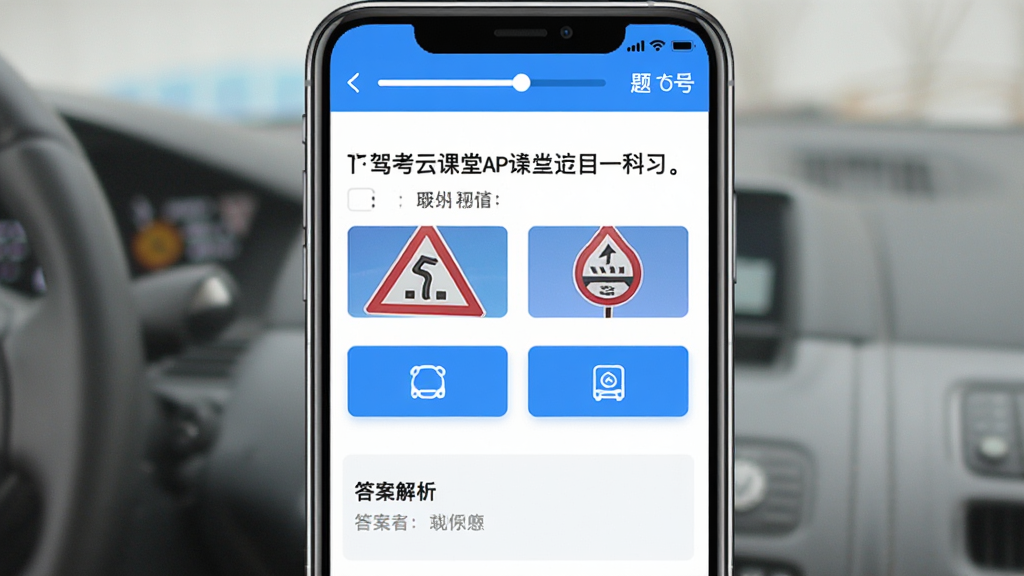 �ݿ��ƿ���APP�ڿ�Ŀһ��ϰ�����ͼ���ͼƬ������չʾ�ֻ���Ļ��һ����ͨ��־ѡ���⣬�Ϸ�����Ŀ���֣��м����ĸ�ѡ�ť���·��д𰸽���������Ļ������ʾ����������ţ�������ɫ�԰�ɫ����ɫΪ��������࣬�Ű����������ʸɾ����ʺ���Ϊ��������չʾͼ