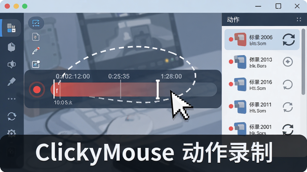 һ��ClickyMouse����¼�ƹ��ܵ�AI��ͼ������Ϊ���ָ������Ļ���ƶ��������߹켣������Ϊ��Ļ������ʾ¼��ʱ���ᣬ�Ű�Ϊ��๤�������Ҳද���ڵ��б������Ϊ�Ƽ��б�ƽ�廭��ϸ�ڰ�����ɫ¼��Բ�㡢������ֵ��ѭ��ͼ�꣬���ʸ��塢����ɾ����޶���Ԫ�أ������б�ע���֡�ClickyMouse ����¼�ơ���