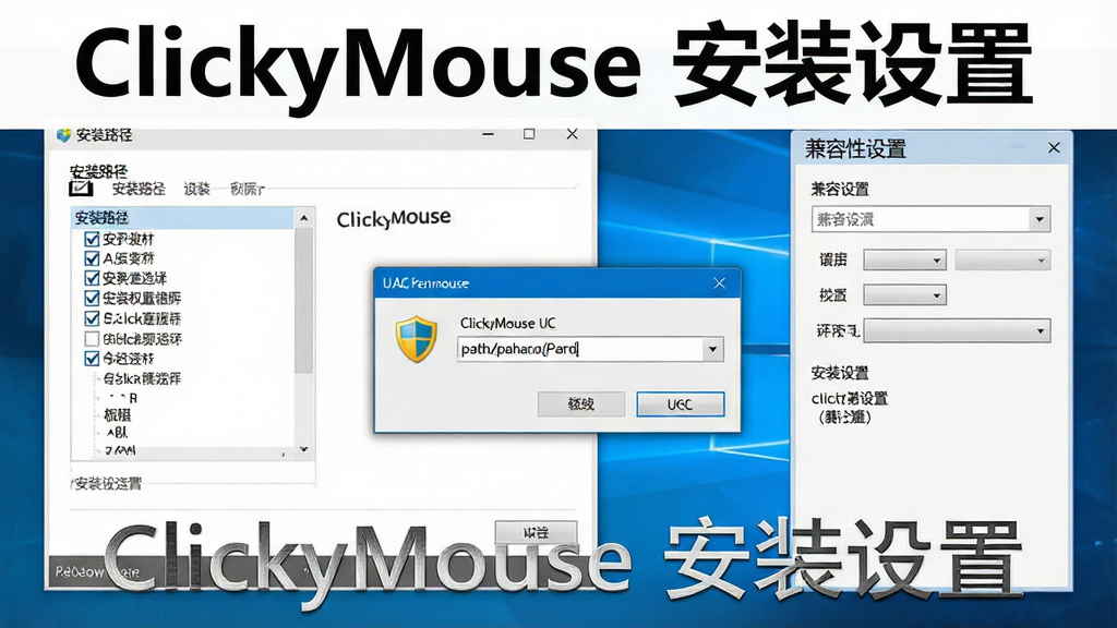 һ��ClickyMouse��Windows���������еİ�װ��Ȩ������ʾ��ͼ������Ϊ������װ�򵼴�����UACȨ�޵���������Ϊ��లװ·��ѡ���Ҳ������������壬�Ű����������Ϊ���̷̳磬ϸ�ڰ�����ѡ��·������򡢶���ͼ�꣬���ʸ��塢����ɾ����޶���Ԫ�أ������б�ע���֡�ClickyMouse ��װ���á���