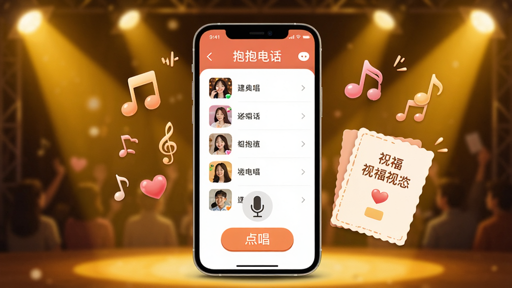 ����������һ���ֻ����棬��Ļ��ʾ�������绰���㳪ҳ�棬�и����б�����˷�ͼ�꣬�ֻ��Ա�Ʈ���������Ͱ��ķ��ţ���������̨�ƹ�Ч����ů��ɫ�����־��У���������ܰ��ϸ���С��㳪����ť��ף����Ƭ�����������ɾ����޶���Ԫ��