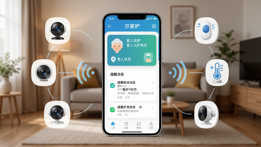 �����������һ�������ֻ�����Ļ��ʾ���һ�Ӧ�������棬�����������˿���״̬��Ƭ��������Ϣ�б����ֻ���Χ����������ͷ����ʪ�ȴ������������豸ͼ�꣬����Ϊ��ܰ�ľӼҿ������������ֲ������Ĺ�ͼ�����Ϊдʵ�Ƽ��磬ϸ�ڰ�����͵ĵƹ⡢����ļҾӻ������豸֮����������������������������ɾ����޶���Ԫ��