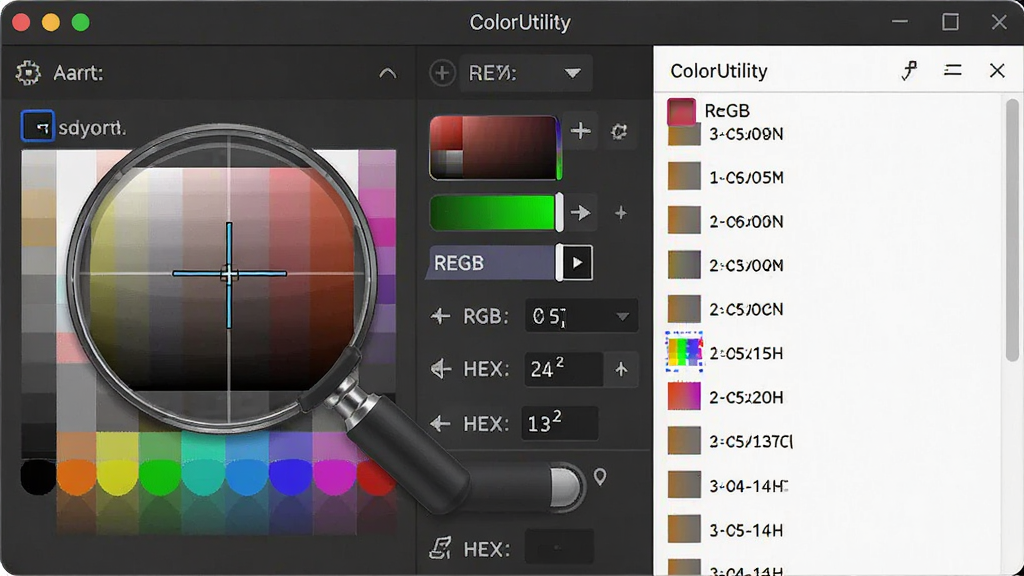 һ��չʾColorUtility���������ͼƬ�����������������ڣ�����Ϊ���ȡɫ�Ŵ���壬�Ҳ���ʾ��ɫ�����б����Ű��������룬���Ϊ�ִ���Լ�Ƽ��磬ϸ�ڰ�����Ļȡɫʮ�ֹ�ꡢRGB��HEX��ֵ��ʾ���򣬻��ʸ��壬�ɾ����޶���Ԫ��