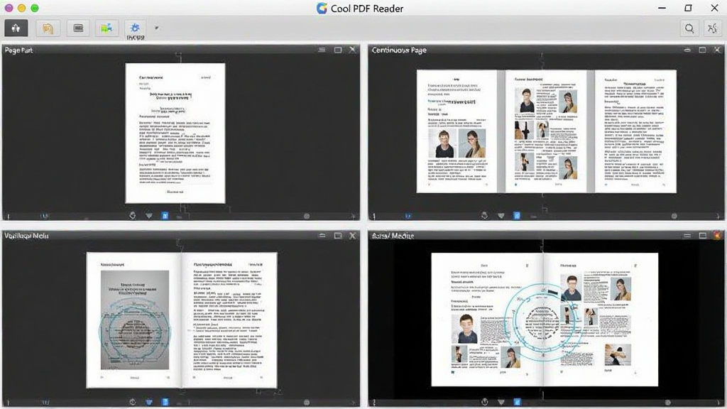 һ�� Cool PDF Reader �������湦����ʾͼ������Ϊ�������ڣ�����Ϊͬʱչʾ�����Ķ�ģʽ��С����ƴͼ���Ű�Ϊ2x2���񡣷��Ϊ��Լ����չʾ�磬ϸ�ڰ�����ҳģʽ������ҳģʽ���Կ�ҳģʽ��ȫ��ģʽ�µ�ҳ����ʾ���졣���ʸ��壬�ɾ����޶���Ԫ�ء�
