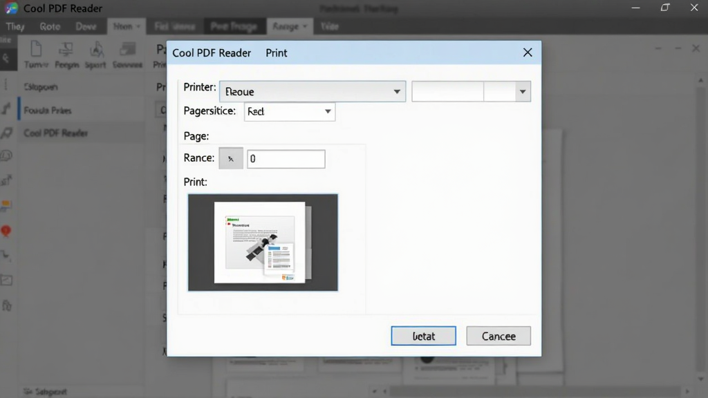 һ�� Cool PDF Reader ��ӡ���ý���չʾͼ������Ϊ��ӡ�Ի��򣬲���Ϊ���е���������Ϊ���������档���Ϊ����칫�磬ϸ�ڰ�����ӡ��ѡ��ҳ�뷶Χ����򡢴�ӡԤ������ͼ��ȷ����ȡ����ť�������������ɾ����޶���Ԫ�ء�