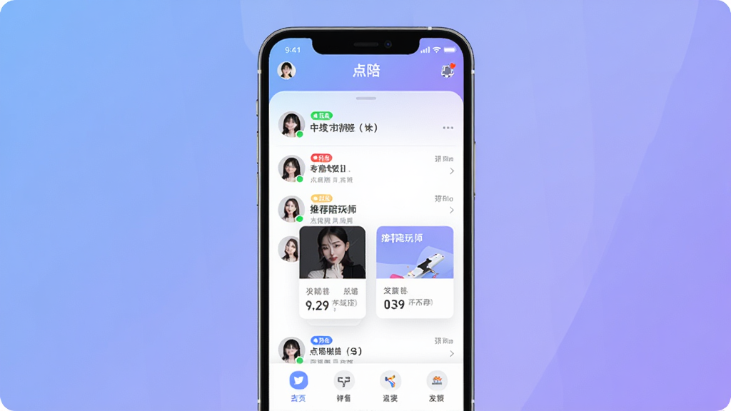 һ��չʾ����������������ֻ�Ԥ��ͼ�����������ǵ���APP�������б����Ƽ�����ʦ��Ƭ������Ϊ��͵�����ɫ���䣬���ּ�����죬����ִ����£�ϸ�ڰ����û�ͷ������״̬��ǩ��������ͼ�꣬�����������ɾ����޶���Ԫ��