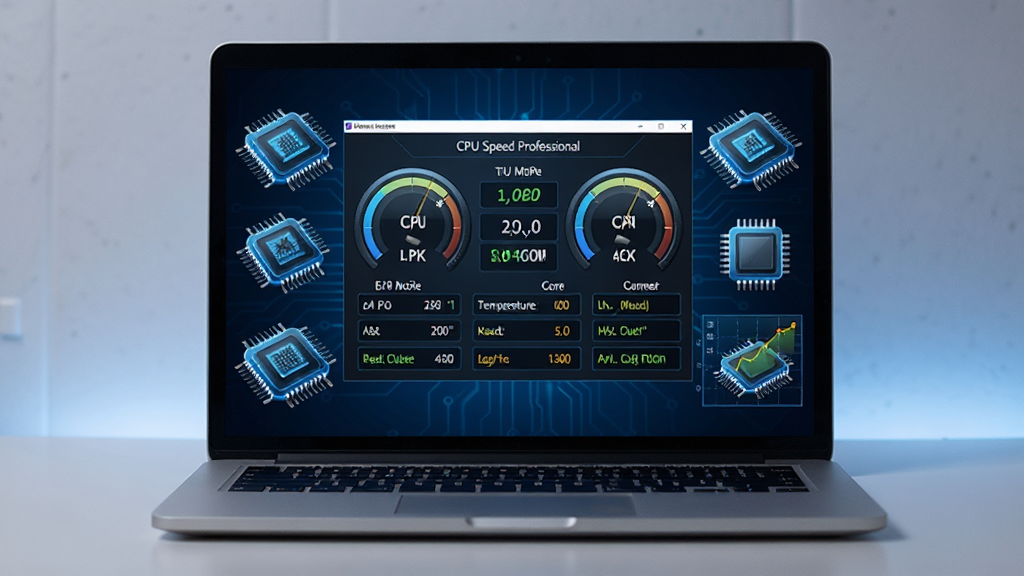 һ̨�򿪵ıʼǱ����Է���������������ϣ���Ļ������ʾ��CPU Speed Professional�������棬�����а���CPU�ͺš�ʵʱ��Ƶ�������¶ȵ��Ǳ������ݣ���Χ�����ŷ����оƬͼ�����������ͼ�������������ɫ�Ƽ���񣬻���ɾ��޶���������廭�ʣ�ϸ������������ΪӢ�Ľ���