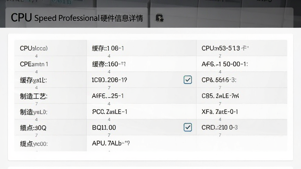 CPU Speed ProfessionalӲ����Ϣ����ҳ��ͼ�������������г�CPU�ͺš������С�����칤�յȲ�����������ÿ�Ƭʽ���֣�ǳɫ��������ɫ���֣��Ű����룬���廭�ʣ�����ɾ��޶���Ԫ��