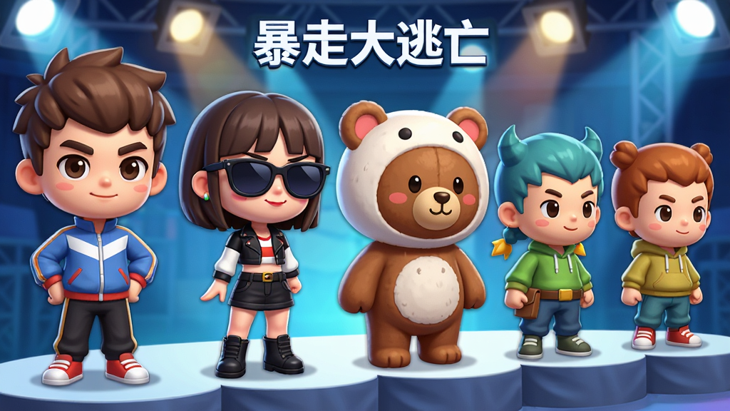 һ�ſ�ͨ������Ϸ��ɫվ��չʾ̨�ϣ�ÿ����ɫ���͸��죬�д����˶��������ꡢ��ī���Ŀ�Ů����������ż����С�ܵȣ�����Ϊ��������̨�ƹ⣬���ΪQ�濨ͨ��ϸ�ڰ�����ɫ�ı���ͷ�װ�����������������ɾ����޶���Ԫ�أ������д��С����ߴ�����������