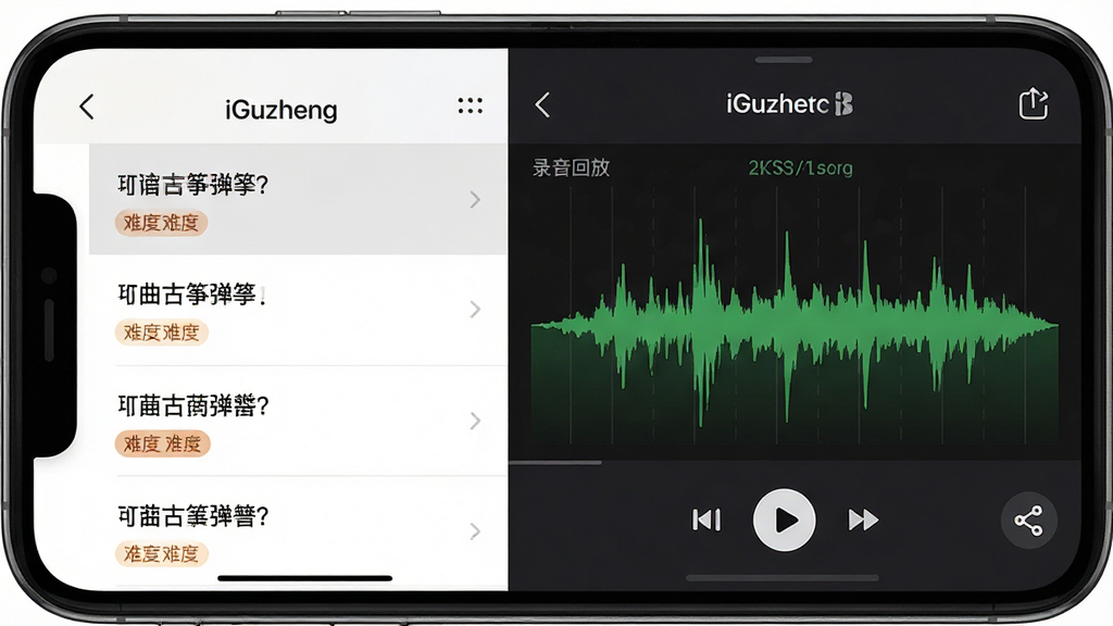 һ��չʾiGuzheng�������������׿���¼���طŹ��ܵĽ���ͼ������Ϊ�ֻ���Ļ����ʾ�����б���¼�����Σ�����Ϊ��������б����Ҳ�¼���ط���壬�Ű������������������С����γ���ɫ��̬Ч�������Ϊ�ִ�����APP���ϸ�ڰ��������Ѷȱ�ǩ��¼�����Ű�ť������ͼ�꣬����Ϊ2K���塢�ɾ����޶���Ԫ��