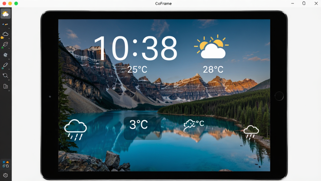 CoFrame������������ʾ����������ʱ����������Ч����������ƽ����Ļ�ϵķ羰��Ƭ����Ƭ�Ϸ�����������ʱ�Ӻ�����ͼ�꣬���־��У��Ű�����������ִ���Լ��ϸ�ڰ����¶����ֺ�������ʾ�������������ɾ����޶���Ԫ��