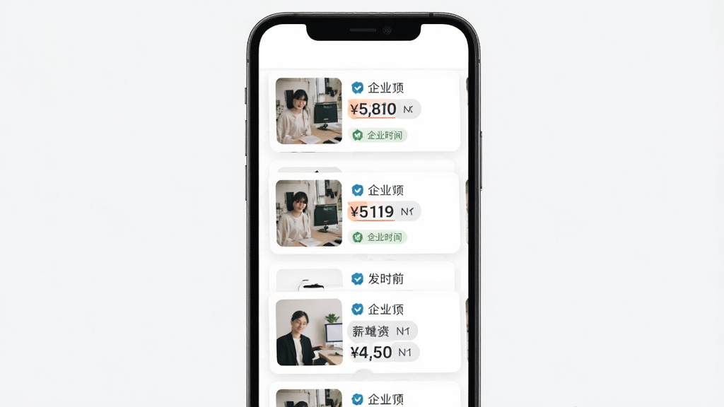 ƴ��ְ��λ�б�ҳ�棬����Ϊ�ֻ���Ļ�й���չʾ�ļ�ְ��Ƭ������Ϊ�������е���Ϣ�����Ű����Ϊ��λ����ͼ�Ҳ�Ϊ�������������Ϊ���¼�Լ���ƶ��˽��棬ϸ�ڰ���н�����ָ�������ҵ��֤��ʶ������ʱ���ǩ�������������ɾ����࣬�޶���Ԫ��