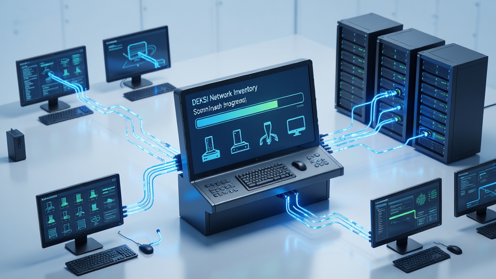 DEKSI Network Inventory �Զ�ɨ�������豸�����������ж�̨�����������ͨ�������������������̨����Ļ����ʾ����ɨ��Ľ��������豸ͼ�꣬�Ƽ�����ɫ�������ּ�࣬���廭�ʣ��ɾ��޶���Ԫ��
