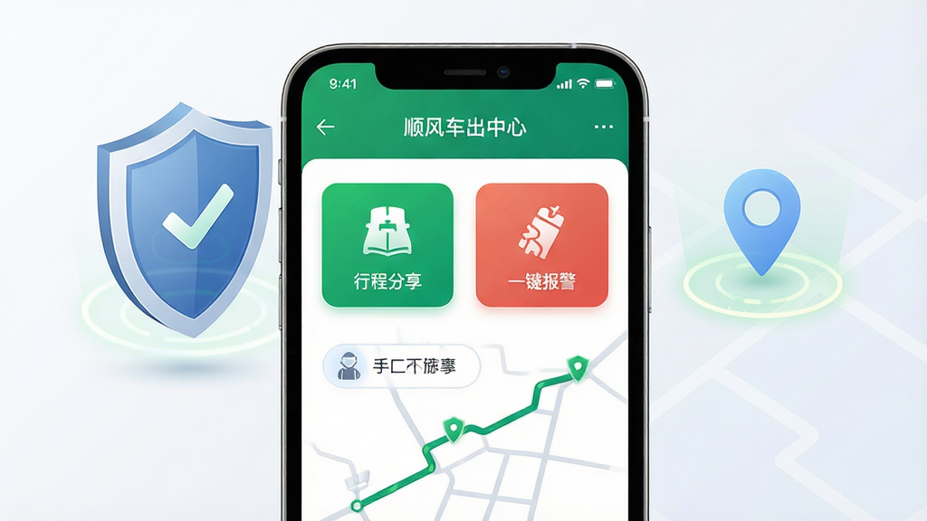 һ��˳�糵e���а�ȫ���Ĺ���չʾͼ����������Ϊ�ֻ���Ļ��ʾ��ȫ����ҳ�棬�����г̷�����������ϵ�ˡ�һ��������ͼ�갴ť�������ж����붨λ����Ԫ�أ��������½ṹ���Ű����룬������ؿɿ���ϸ�ڰ�����ɫ��ȫ��ʶ��·�߹켣�����ʸ��壬�ɾ����޶���Ԫ��