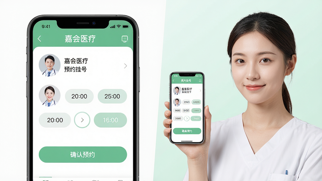 ����Ϊһλ����Ů���ֳ��ֻ����ֻ���Ļ��ʾ���λ�ҽ�ơ�App��ԤԼ�Һ��������棻����Ϊ���������λ�ڻ����Ҳ࣬������״�չʾApp����Ŵ�ϸ�ڣ��Ű�������ҷ��������Ϊ����ҽ�ƽ������ɫ���԰�ɫ��ǳ��ɫΪ����ϸ�ڰ���ҽ��ͷ��ʱ���ѡ��ť��ȷ��ԤԼ��ť������Ϊ���壬�ɾ��޶���Ԫ�ء�