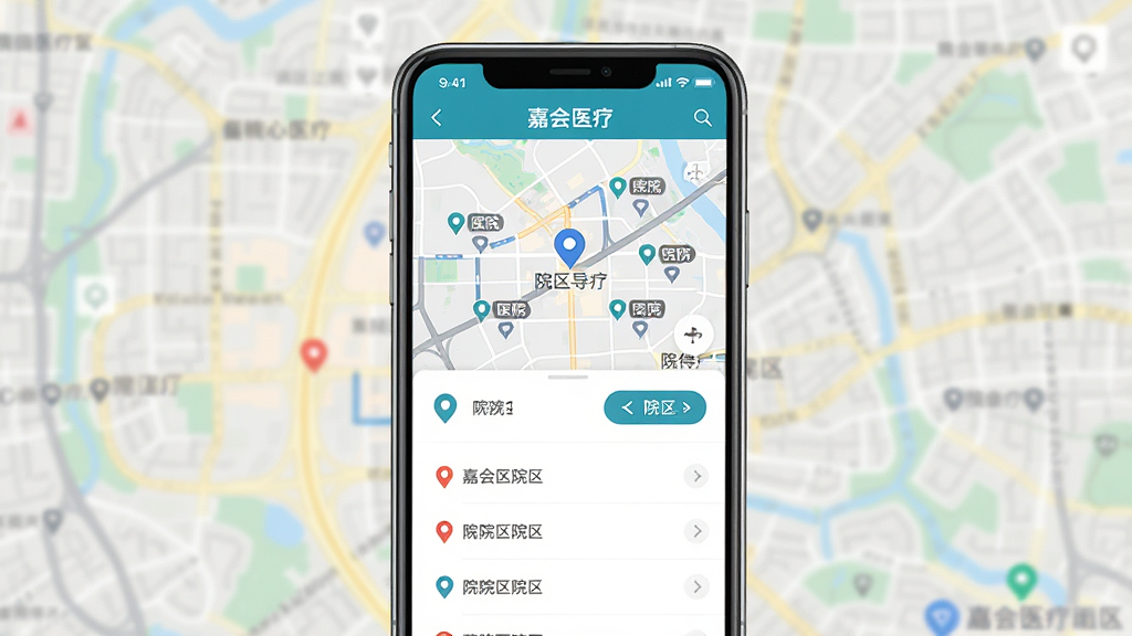 ����Ϊ�ֻ���Ļ��ʾ���λ�ҽ�ơ�App��Ժ������ҳ�棬��ͼ�ϱ�ע���Ժ��λ�ã�����Ϊ�ֻ����У�����Ϊ���е�ͼ�黯���Ű��ϵ�ͼռ���ϰ�����Ժ���б����°��������Ϊ�ִ�����Ӧ�÷��ϸ���ж�λͼ�ꡢ·�߰�ť������Ϊ���壬�ɾ��޶���Ԫ�ء�