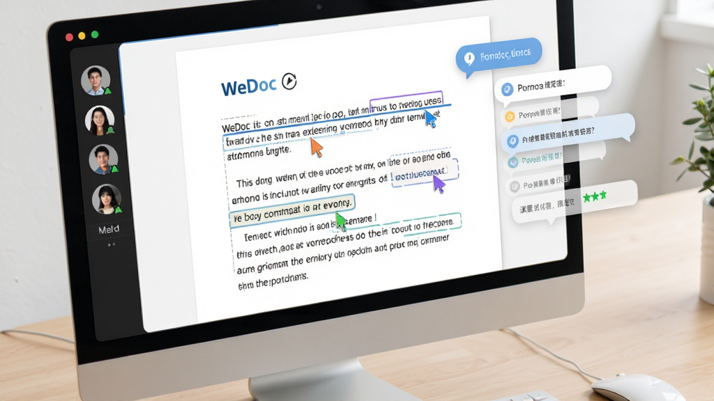 WeDoc����ʵʱЭ����������������ʾ������ͬ��ɫ���û������ͬһ�ĵ������б༭����Ļ��Ե�г�Աͷ���б����������ݣ�����Ϊǳɫ�칫���棬������ִ���ϸ�ڰ���ʵʱͬ��ͼ��������״ָ̬ʾ�������������ɾ��޶���Ԫ��