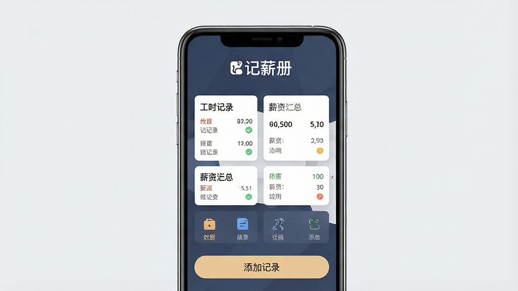һ��չʾ�ֻ���Ļ��ͼƬ����Ļ�����Ǽ�н��APP�������棬���涥����ʾ��н�����ֱ�ʶ���м��й�ʱ��¼��н�ʻ��ܵĿ�Ƭʽ���֣��ײ������Ӽ�¼�İ�ť�������Ǹɾ���ǳ��ɫ�����������ϸ�����������ʸ��壬�ɾ��޶���Ԫ��