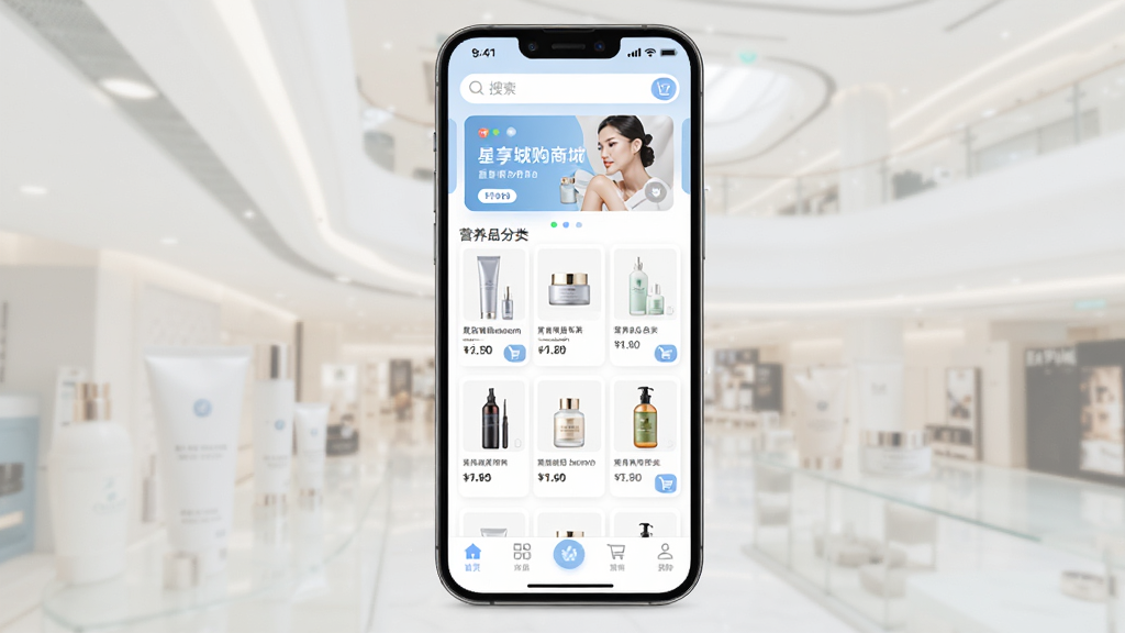 �����ǹ����̳�APP����չʾ���ֻ���Ļ�г��ֻ���Ʒ��Ӫ��Ʒ�����б�����������������ֲ����ͼ���ײ������������ɼ������岼�ּ���������԰�ɫ�͵���ɫΪ��ɫ��������ִ����£�ϸ�ڰ�����Ʒ����ͼ���۸��ǩ�͹��ﳵͼ�꣬���ʸ��壬�ɾ����޶���Ԫ��
