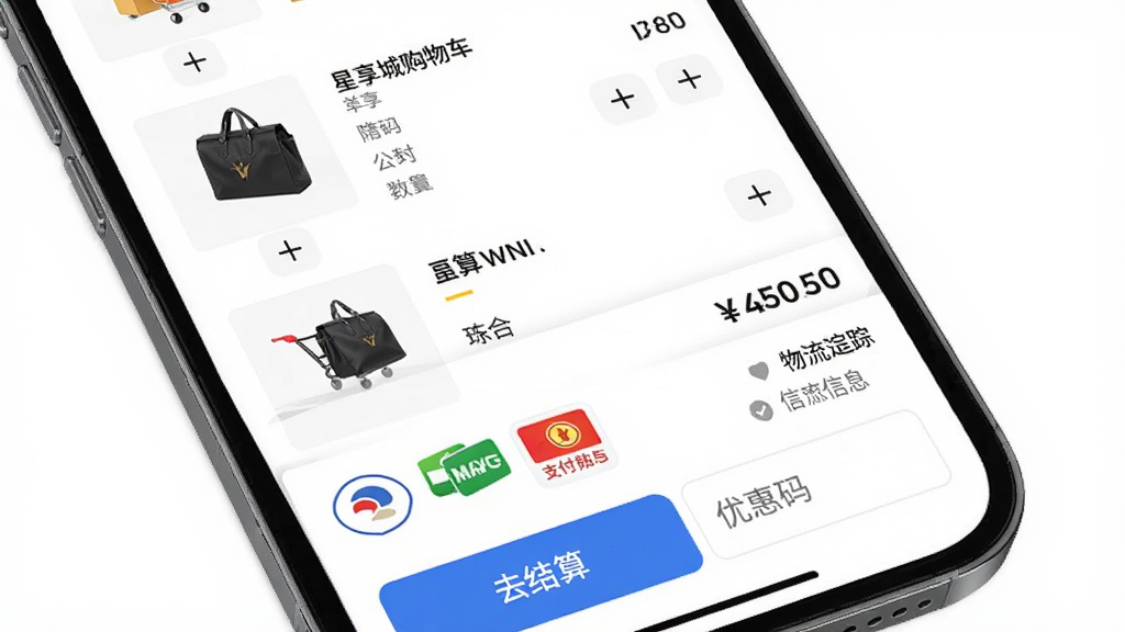 �����ǹ��ﳵ�����ҳ�棬�ֻ���Ļ��ʾ��Ʒ�б����ܼۣ��·���ȥ���㰴ť���Ա���֧����ʽͼ�������׷����Ϣ������Ϊ��ɫ�������ʵ�ã�ϸ�ڰ��������Ӽ���ť���Ż�������򣬻��ʸ��壬�ɾ����޶���Ԫ��