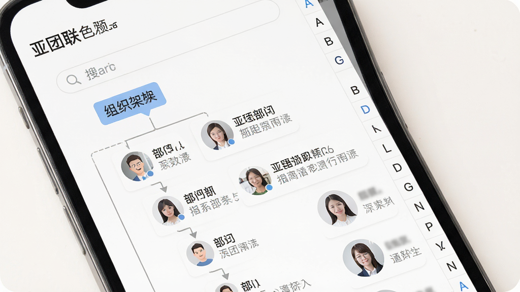 ��������ҵͨѶ¼���棬�ֻ���Ļ��չʾ��֯�ܹ���״ͼ����ϵ���б���ÿ����ϵ��ͷ���Ա�ע������ְλ������Ϊ��͵ĻҰ�ɫ���������������Ű���������Ϊ����ƽ����ƣ�ϸ����ͻ������������ĸ�����������ʸ��壬����ɾ����޶���Ԫ��