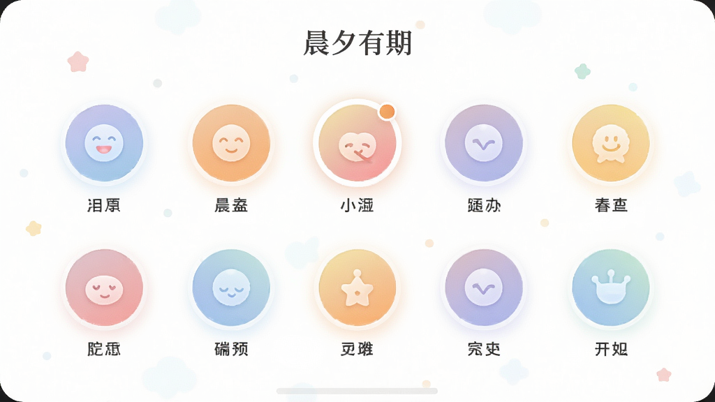 һ����Ϊ����Ϧ���ڡ���Ӧ�������ǩѡ����棬����������Բ������ͼ�����У�ÿ��ͼ���·������ֱ�ǩ�����ֶԳƣ��Ű���ˬ��������������ϸ�ڰ���ѡ�еĸ���Ч����ɫ�ʽ��䣬���ʸ��壬�ɾ����޶���Ԫ��