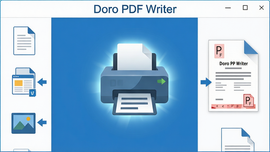 ����������չʾ������ΪDoro PDF Writer�����ӡ��ͼ�������ڵ�����Ļ���룬��������ĵ�����ҳ��ͼƬ�ȳ����ļ�����ͼ�꣬�Ҳ���ʾ���ɵ�PDF�ļ�Ԥ�������ֲ������ҷ����ṹ�������С�Doro PDF Writer�����ֱ�ʶ��������Ϊ����ƽ����ƣ�������ɫ��ϸ�ڰ�����ӡ��ͼ����й�Ч���ļ�ͼ���С��ͷָ��PDF����ڡ���������������ɾ����޶���Ԫ�ء�