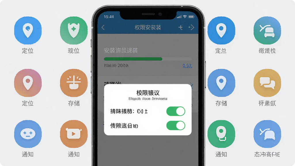 ����������װ��Ȩ�����ý��棬����չʾ�ֻ���Ļ�ϵ�Ӧ�ð�װ��������Ȩ����Ȩ������������λ���洢��֪ͨ��Ȩ�޿��أ�����Ϊǳ��ɫ��౳��������Ϊ�ֻ����У�Ȩ��ͼ�껷�����У����Ϊ��ƽ���̷̳��ϸ���Ͻ�����������Ȩ��ͼ����ȷ�����ʸ��塢�ɾ����޶���Ԫ��