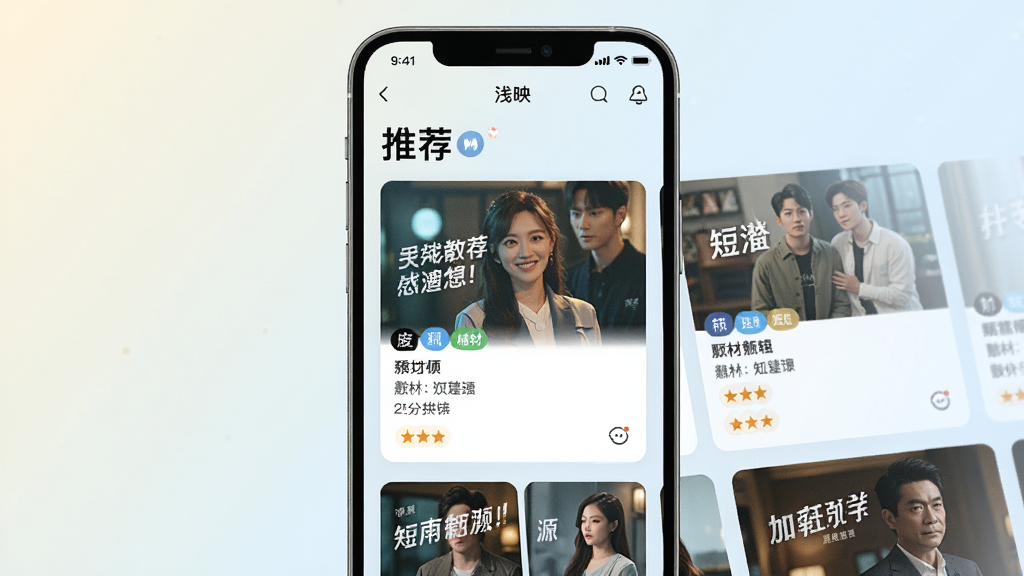 һ���ֻ�Ӧ�ý����ͼ����ͼƬ��չʾ��ǳӳ��APP�ĸ��Ի��Ƽ���ҳ����Ļ���Կ�Ƭ����ʽ�����Ŷಿ�̾��Ƽ���ÿ�ſ�Ƭ������������ı�ǩ�����֣�����Ϊǳɫ���䣬�����������������ۣ����������¼�࣬���ʸɾ���