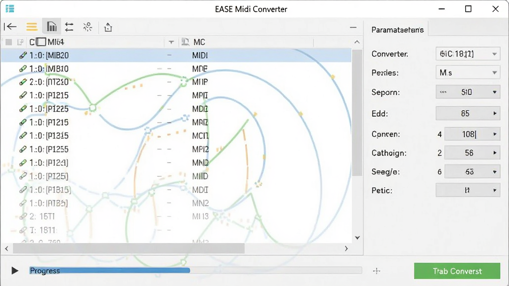 ����������ȫ��չʾ�����������ǡ�EASE Midi Converter���������ڣ����չʾMIDI�ļ��б����Ҳ���ʾת������������壬�ײ��н������뿪ʼת����ť�����岼��������������ִ������ʸɾ����޶���Ԫ��