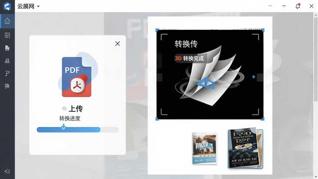 ��չ������������չʾһ��PDF�ļ����ڱ�ת��Ϊ3D��ҳ���ӻ��ᣬ����Ϊ�ļ��ϴ�����ת��������������Ϊ���½ṹ�����Ϊ��ƽ���칫���ϸ�ڰ���PDFͼ�ꡢ��ҳ����Ԥ����ת�������ʾ�������������ͼ�����������ɾ����޶���Ԫ��