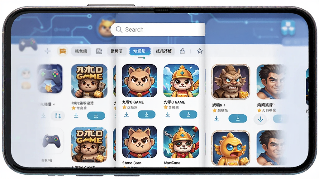 ����Ϊһ����׿�ֻ���Ļչʾ������GAMEӦ�������棬����Ϊ�Ϸ����������·���Ϸ���������Ű���þ��жԳƹ�ͼ�����Ϊ�ִ��Ƽ��б�ƽ����ƣ�ϸ�ڰ�����Ϸͼ�ꡢ���ذ�ť�����а��ǩ��Ԫ�أ����ʸ���ɾ��޶���Ԫ��