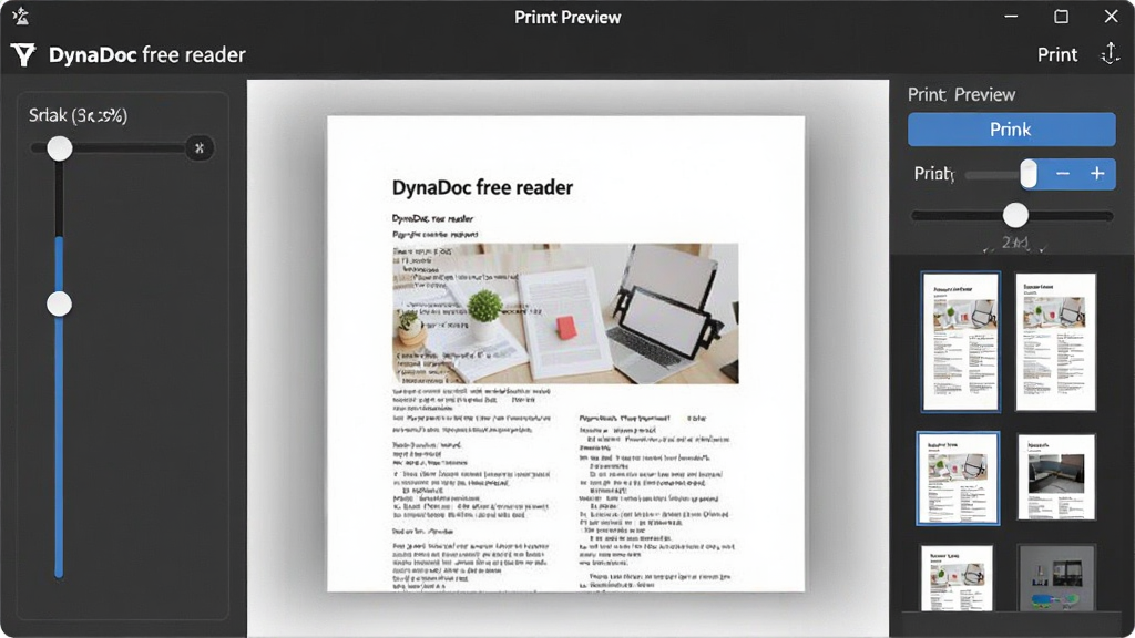 һ��չʾDynaDoc free readerҳ���������ӡ���ܵĲ�������ͼ�����������ſ��ƻ���ʹ�ӡԤ�����ڣ����ֲ��������ӡԤ�����Ҳ����ŵ�����壬�Ű�չʾ�ĵ�ҳ���ڲ�ͬ���ű����µ���ʾЧ�������Ϊ�ִ��칫�������ϸ�ڰ������Űٷֱȡ���ӡ��ť��ҳ��Ԥ������ͼ��Ԫ�أ������������ɾ����޶���Ԫ�ء�