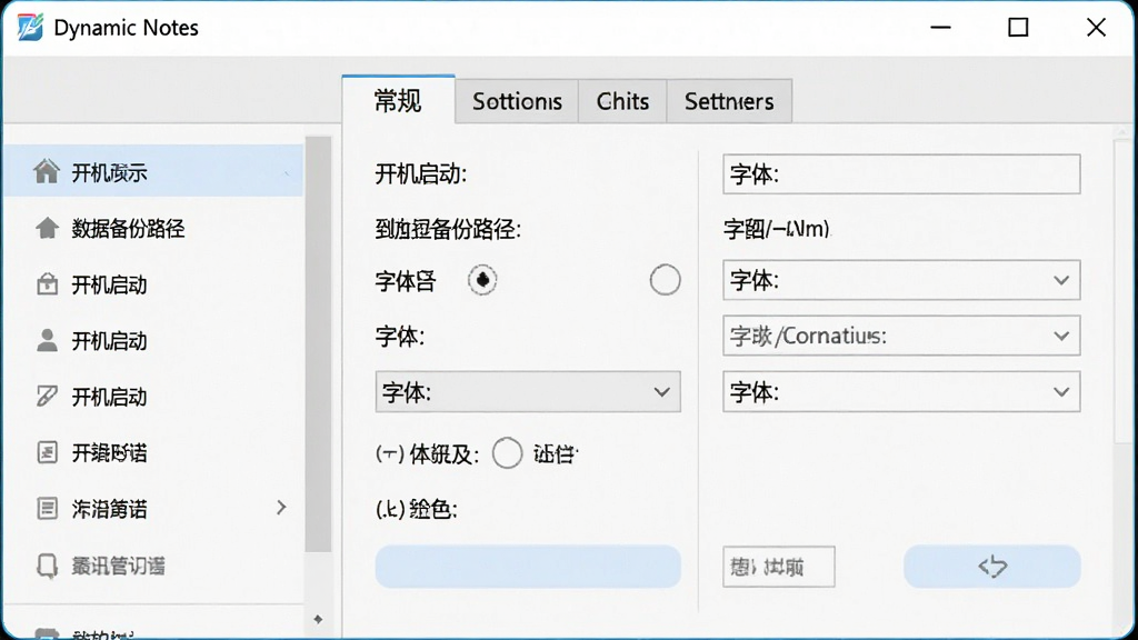 一张展示 Dynamic Notes 软件设置界面的特写图,画面主体是软件设置窗口中的“常规”选项卡,可见开机启动、数据备份路径、字体选择等选项清晰排列,布局为左侧设置菜单与右侧参数面板的经典结构,风格为清爽素雅的 UI 设计,细节上按钮带有淡蓝色高亮效果,画质清晰,画面干净,无多余元素。