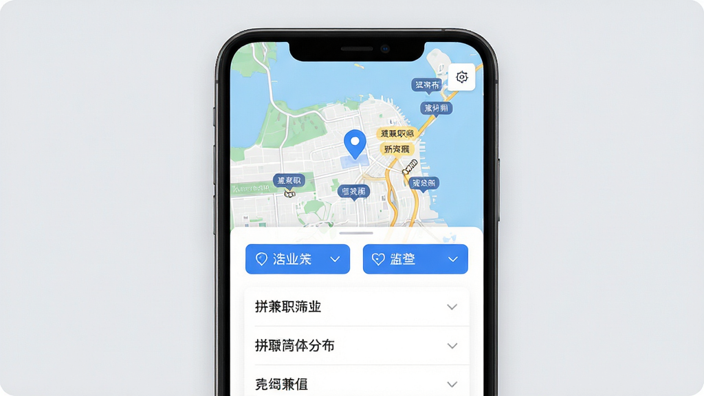 ƴ��ְApp��λɸѡ���棬����Ϊ�ֻ���Ļ��д����Ļ����ʾ��ͼ���б���ϵĸ�λ�ֲ���ͼ������Ϊ�ֻ����У�����Ϊǳ��ɫ���Ű����������Ϊ�Ƽ���UI��ϸ�ڰ�����ͼ�ϵĶ�λͼ�ꡢ��λ��ǩ��ɸѡ������ť�����ʸ��壬�ɾ����޶���Ԫ�ء�