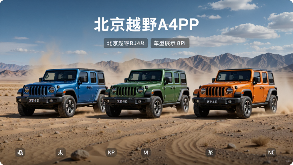 ����ԽҰAPP����չʾҳ�棬����Ϊ������ͬ��ɫ�ı���ԽҰBJ40����ͣ���ڸ��̲����������Ϊ�������У��Ű��Ϸ�Ϊ���������·�Ϊ������ǩ�����Ϊ����ԽҰ��Ӱ�磬ϸ�ڰ���ɳ�����Զɽ������������ƣ����ʸ��壬�ɾ��޶���Ԫ��