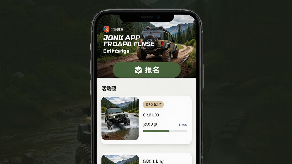 ����ԽҰAPP�����ҳ�棬����Ϊ�ֻ���Ļ��ʾԽҰ������뱨����ť������Ϊ�������ͼƬ�·���б����Ű���ÿ�Ƭʽ��ƣ����Ϊ�˶�������ϸ�ڰ���ԽҰ����Խ������Ƭ�����ڱ�ǩ���������������������ʸ��壬�ɾ��޶���Ԫ��