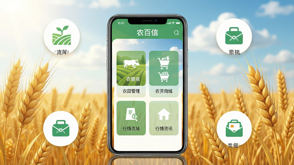 ũ����Ӧ��������չʾͼ������������һ�������ֻ�����Ļ��ʾũ����App����ҳ������ũ�������ũ���̳ǡ�������Ѷ�ȹ���ģ��ͼ�꣬�����ǽ��ɫ�������������ƣ�����Ϊ�ֻ����С�����ͼ�껷�����ܣ����Ϊ���±�ƽ����ƣ�ϸ�ڰ������������롢����ͼ����������͵����⣬����Ϊ����2K���ɾ��������޶���Ԫ��
