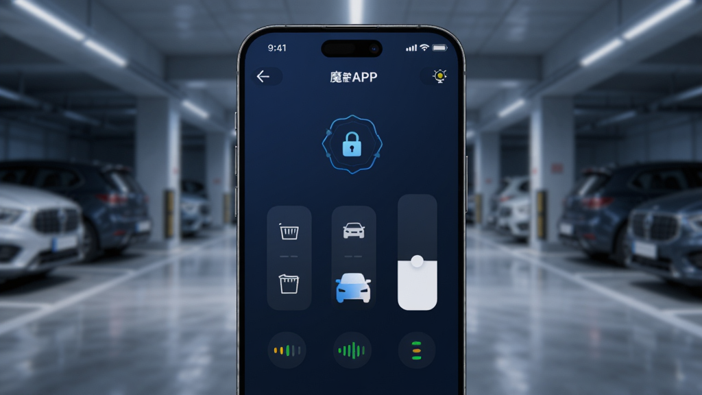 ������һ�������ֻ���Ļ��ʾ��ħ��APP�ĳ������ƽ��棬����Ϊ�ֻ����аڷţ��������黯���ִ�ͣ�����������Ű�Ϊ���溣����񣬷��Ϊ�Ƽ���ʮ�������ɫ����ϸ�ڰ������Ž���ͼ�ꡢ�������ƻ��顢����״ָ̬ʾ�Ƶ�Ԫ�أ�����Ϊ����4K���ɾ��޶���Ԫ��