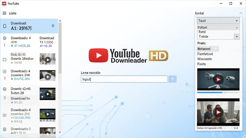 �����������ͼ������λ����YouTube Downloader HD��Logo������򣬱����Ǽ��İ�ɫ��ǳ��ɫ���䣬����������б����Ҳ��и�ʽѡ�������˵������岼������������ִ��Ƽ��У�ϸ�ڰ�������������Ƶ����ͼ�����ʸ��壬�ɾ����޶���Ԫ��