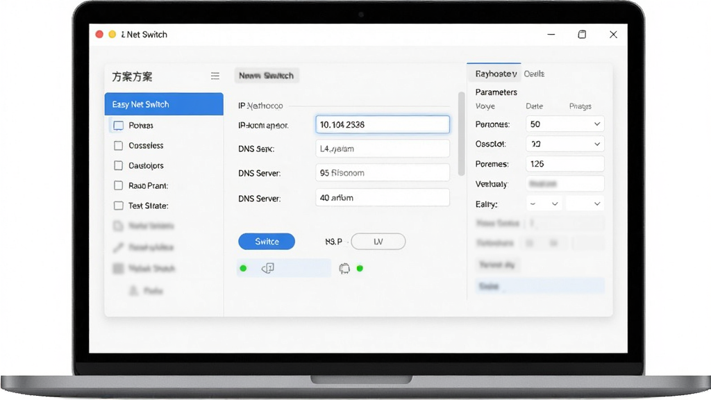 Easy Net Switch ����������ȫò������Ϊһ̨�ʼǱ�������Ļ��ʾ���������л���壬����Ϊ���������ڼ���෽���б����Ҳ�������������Ű��������������Ϊ�ִ���Լ�Ƽ��磬ϸ�ڰ�����ɫ����ѡ����Ŀ��IP��ַ�����DNS�������ֶΡ��л���ť������״ָ̬ʾ�ƣ�����Ϊ����1080P���ɾ����޶���Ԫ��